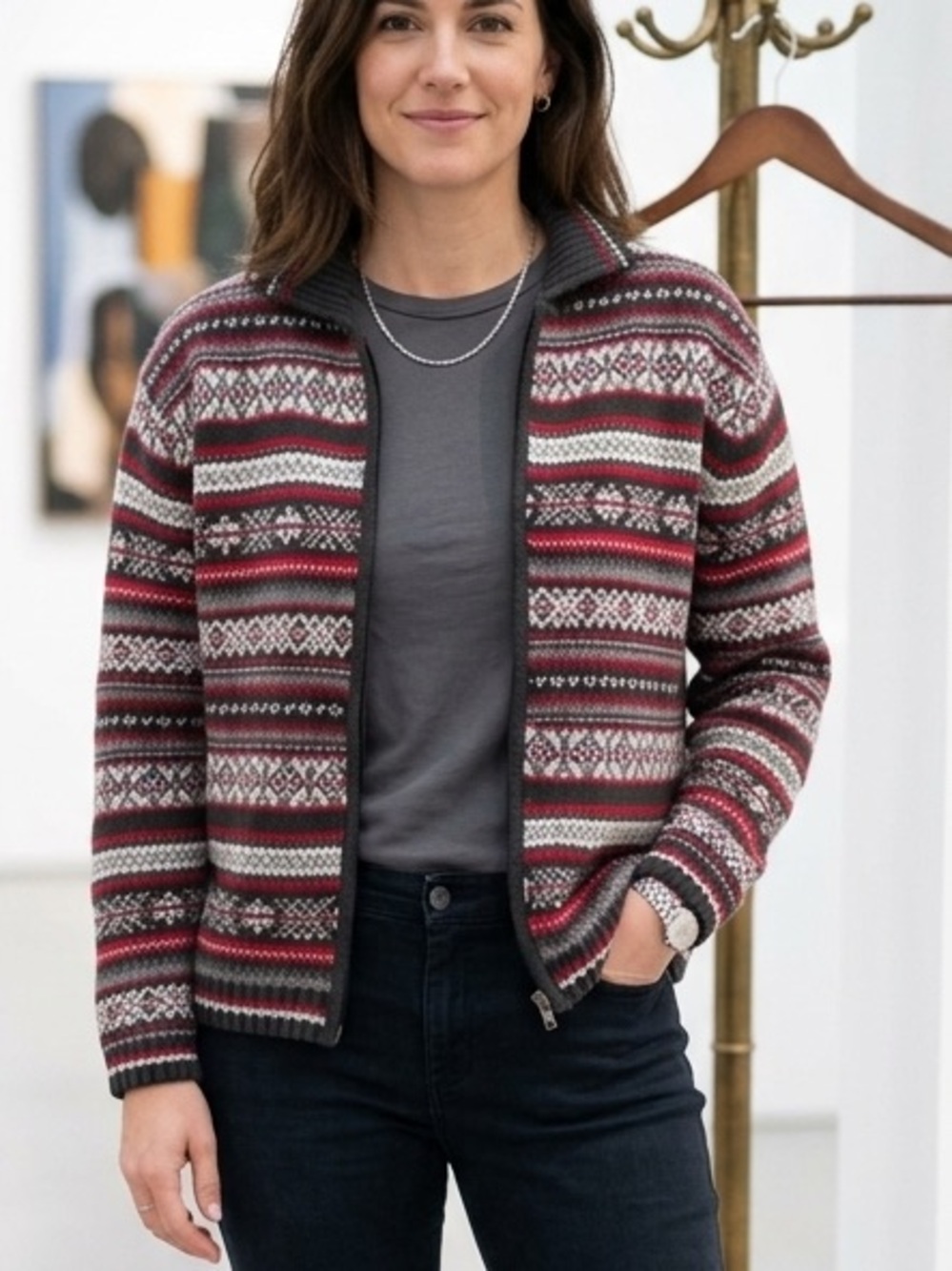 Tiara International Fair Isle Nordic Zip Up Cardigan Sweater Red Grey XL